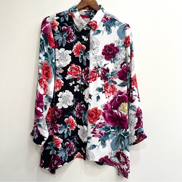 Chicos rose print tunic blouse top button up long sleeve color block 2 US 12/14 - Picture 10 of 10